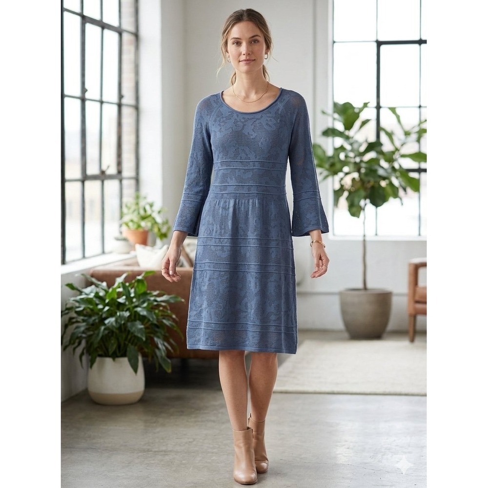 Sundance Pointelle Knit Floral Dress Blue Bell Sleeve Cotton Silk Petite L NEW